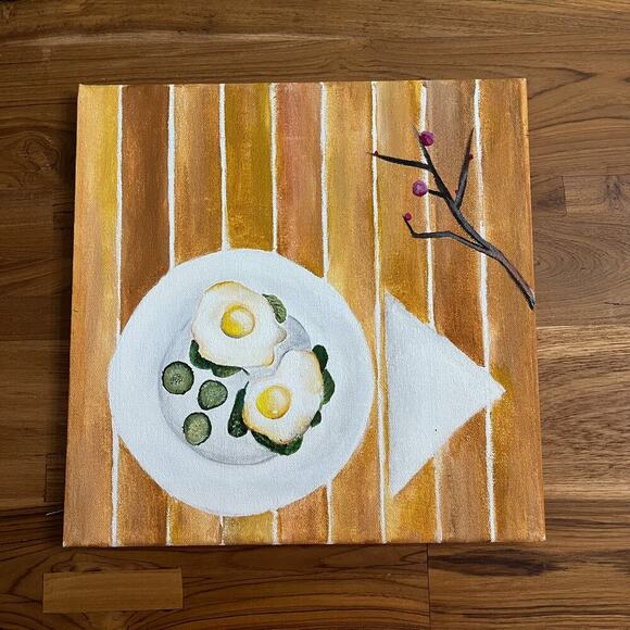 Acrylic Canvas Paintings Breakfast Eggs Sunny Side‎ Set of 2 12X12 Hand Painting - Picture 5 of 12